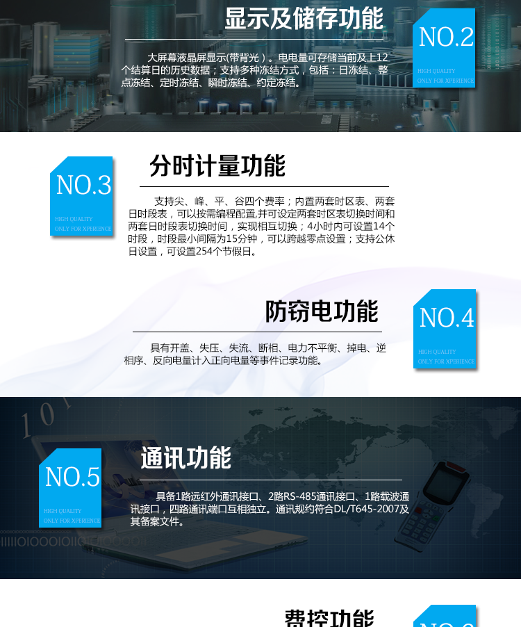 海興DTSI208三相四線電能表主要功能

　　計量功能
　　具有有功電能量、無功電能量計量功能;具有計量分相有功電能量功能。
　　分時計量功能
　　支持尖、峰、平、谷四個費率;內置兩套時區表、兩套日時段表，可以按需編程配置,并可設定兩套時區表切換時間和兩套日時段表切換時間，實現相互切換;每套費率時段可設置14個時區、8個日時段表、4個費率(尖、峰、平、谷)，每個日時段表可設置14個時段，時段可以跨越零點設置;支持公休日設置，可設置254個節假日。
　　測量功能
　　能測量電壓、電流、有功功率、無功功率、視在功率以及功率因數等電網參數，并具有最大需量測量功能。測量準確度高，可以達到0.5級以內標準。
　　數據存儲功能
　　電量可存儲當前及上12個結算日的歷史數據;支持多種凍結方式，包括：日凍結、整點凍結、定時凍結、瞬時凍結、約定凍結。
　　事件記錄功能
　　分別記錄最近10次掉電、編程、校時、開表蓋、跳閘、合閘、事件清零、電表清零。
　　通信功能
　　具備1路遠紅外通訊接口、2路RS-485通訊接口、1路載波通訊接口，四路通訊端口互相獨立。通訊規約符合DL/T645-2007及其備案文件。
　　費控功能
　　內置繼電器可選配，支持遠程拉合閘控制功能，對用戶進行遠程通斷電控制。
　　用戶交互界面
　　采用大屏幕液晶顯示，提供豐富的圖形或文字提示信息;顯示內容可通過按鍵循環查詢，顯示項目可通過通信口按需配置;提供液晶背光，方便查看。支持停電喚醒功能，能通過按鍵或非接觸方式喚醒電能表，實現屏幕顯示抄讀電量和紅外通信口抄讀電量等數據。