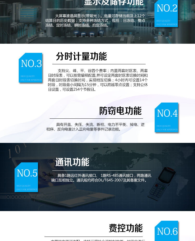 海興DTZY208三相四線電能表主要功能
　　計量功能
　　具有正、反向有功電能量、四象限無功電能量計量功能，并可據此設置組合有功和組合無功電能量。
　　分時計量功能
　　支持尖、峰、平、谷四個費率;內置兩套時區表、兩套日時段表，可以按需編程配置,并可設定兩套時區表切換時間和兩套日時段表切換時間，實現相互切換;4小時內可設置14個時段，時段最小間隔為15分鐘，可以跨越零點設置;支持公休日設置，可設置254個節假日。
　　測量功能
　　能測量電壓、電流、功率以及功率因數等電網參數;具有正反向有功、四象限無功最大需量測量功能。測量準確度高，可以達到0.5級以內標準。
　　數據存儲功能
　　支持多種凍結方式，包括：日凍結、整點凍結、定時凍結、瞬時凍結、約定凍結。
　　事件記錄功能
　　分別記錄最近10次掉電、編程、校時、開表蓋、跳閘、合閘、事件清零、電表清零。
　　通信功能
　　具備1路遠紅外通訊接口、 1路RS-485通訊接口，兩路通訊端口互相獨立。通訊規約符合DL/T645-2007及其備案文件。
　　費控功能
　　內置繼電器可選配，支持遠程拉合閘控制功能，對用戶進行遠程通斷電控制。采用20位數字碼的形式實現虛擬介質充值，安全可靠，管理靈活方便。支持遠程充值和本地遙控器充值，充值靈活便捷。
　　用戶交互界面
　　采用大屏幕液晶顯示，提供豐富的圖形或文字提示信息;顯示內容可通過按鍵循環查詢，顯示項目可通過通信口按需配置;提供液晶背光，方便查看。支持停電喚醒功能，能通過按鍵或非接觸方式喚醒電能表，實現屏幕顯示抄讀電量和紅外通信口抄讀電量等數據。