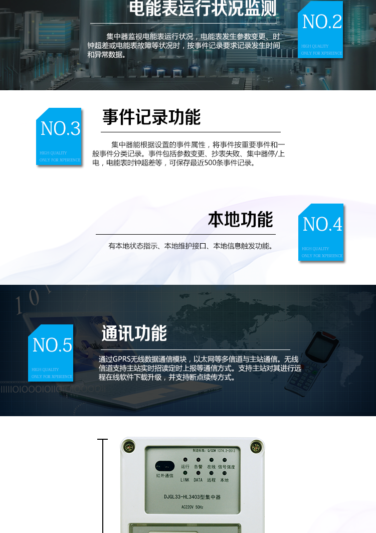 華立DJGL33-HL3403微型集中器主要功能
　　數(shù)據(jù)采集：能采集各電能表的實(shí)時(shí)電能示值、日零點(diǎn)凍結(jié)電能示值、抄表日零點(diǎn)凍結(jié)電能示值。帶有時(shí)標(biāo)。
　　數(shù)據(jù)管理和存儲(chǔ)：能按要求對(duì)采集數(shù)據(jù)進(jìn)行分類存儲(chǔ)，如日凍結(jié)數(shù)據(jù)、抄表日凍結(jié)數(shù)據(jù)、曲線數(shù)據(jù)、歷史月數(shù)據(jù)等。曲線凍結(jié)數(shù)據(jù)密度為1小時(shí)。集中器抄表數(shù)量最大為192只。集中器存儲(chǔ)容量為32M。
　　電能表運(yùn)行狀況監(jiān)測(cè)：集中器監(jiān)視電能表運(yùn)行狀況，電能表發(fā)生參數(shù)變更、時(shí)鐘超差或電能表故障等狀況時(shí)，按事件記錄要求記錄發(fā)生時(shí)間和異常數(shù)據(jù)。
　　參數(shù)設(shè)置和查詢功能：可主站遠(yuǎn)程或手持設(shè)備本地設(shè)置和查詢檔案、通信參數(shù)等，
　　事件記錄：集中器能根據(jù)設(shè)置的事件屬性，將事件按重要事件和一般事件分類記錄。事件包括參數(shù)變更、抄表失敗、集中器停/上電，電能表時(shí)鐘超差等，可保存最近500條事件記錄。
　　本地功能：有本地狀態(tài)指示、本地維護(hù)接口、本地信息觸發(fā)功能
　　通訊功能：通過GPRS無線數(shù)據(jù)通信模塊，以太網(wǎng)等多信道與主站通信。無線信道支持主站實(shí)時(shí)招讀、定時(shí)上報(bào)等通信方式。支持主站對(duì)其進(jìn)行遠(yuǎn)程在線軟件下載升級(jí)，并支持?jǐn)帱c(diǎn)續(xù)傳方式。