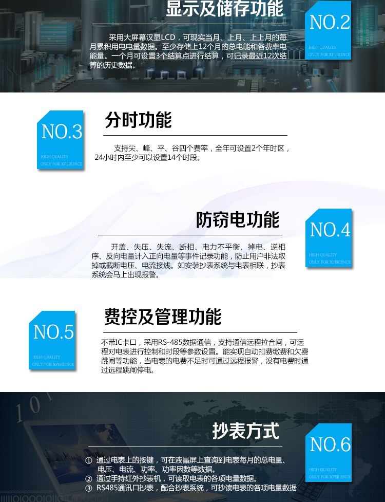 華立DDZY285-J電能表主要功能
　　電能計量功能
　　計量參數：具有正、反向組合有功電能的計量功能，組合有功電能可由正反向有功電能進行選擇性組合。
　　測量功能：能測量電壓、電流(包含零線)，有功功率以及功率因數等電網參數。
　　分時功能：支持尖、峰、平、谷四個費率，全年可設置2個年時區，24小時內至少可以設置14個時段。
　　數據存儲：至少存儲上12個月的總電能和各費率電能量。一個月可設置3個結算點進行結算，可記錄最近12次結算的歷史數據。
　　顯示功能：采用大屏幕漢顯LCD，可現實當月、上月、上上月的每月累積用電電量數據。
　　防竊電功能
　　開蓋記錄功能，記錄開表蓋總次數，防止非法更改電路。
　　反向電量計入正向電量，用戶如將電流線接反，不具有竊電作用，電表照樣正向走字
　　具有記錄編程、掉電、校時、跳閘等事件發生的時刻以及事件發生時電能表狀態，防止用戶更改電表數據。
　　具有凍結和報警功能。
　　以上情況如發出，電表會出現報警標志，如安裝抄表系統與電表相聯，抄表系統會馬上出現報警。
　　費控功能
　　電表不帶IC卡口，采用RS-485和無線進行數據通信，支持通信遠程拉合閘。
　　費控管理功能
　　可通過遠程對電能表進行遠程拉、合閘控制和時段等參數設置，進而對用戶的用電實施遠程管理。
　　能實現自動扣費繳費的功能和欠費跳閘等功能，當電表的電費不足時可以通過遠程報警，沒有電費時通過遠程跳閘停電，操作管理十分方便。
　　抄表方式
　　通過電表上的按鍵，可在液晶屏上查詢到電表每月的總電量、電壓、電流、功率、功率因數等數據。
　　通過手持紅外抄表機，可讀取電表的各項電量數據。
　　RS485通訊口抄表，配合抄表系統，可抄讀電表的各項電量數據。并支持DL/T645-2007多功能電能表通訊規約。