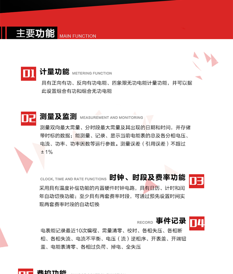 主要功能
1. 　電能計量
具有正向有功、反向有功電能、四象限無功電能計量功能，并可以據(jù)此設(shè)置組合有功和組合無功電能。
2. 　需量計量
測量雙向最大需量、分時段最大需量及其出現(xiàn)的日期和時間，并存儲帶時標(biāo)的數(shù)據(jù)。
3. 　測量及監(jiān)測
能測量、記錄、顯示當(dāng)前電能表的總及各分相電壓、電流、功率、功率因數(shù)等運行參數(shù)。測量誤差（引用誤差）不超過±1%。
4. 　時鐘、時段及費率功能
采用具有溫度補償功能的內(nèi)置硬件時鐘電路，具有日歷、計時和閏年自動切換功能。內(nèi)部時鐘端子輸出頻率為1Hz。至少具有兩套費率時段，可通過預(yù)先設(shè)置時間實現(xiàn)兩套費率時段的自動切換。每套費率時段全年至少可設(shè)置2個時區(qū)，24小時內(nèi)至少可以設(shè)置8個時段，時段最小間隔為15分鐘，并且時段間隔大于表內(nèi)設(shè)定的需量周期值，時段可跨越零點設(shè)置。
5. 　費控功能 
電能表費控功能的實現(xiàn)方式通過公網(wǎng)等虛擬介質(zhì)和遠(yuǎn)程售電系統(tǒng)實現(xiàn)。
6. 　無線通信
通過無線通信與主站通信。支持在安全認(rèn)證前提下，通過無線網(wǎng)絡(luò)信道修改費率時段表及電價。
7. 　事件記錄
電表能記錄最近10次編程、需量清零、校時、各相失壓、各相斷相、各相失流、電流不平衡、電壓（流）逆相序、開表蓋、開端鈕蓋、電能表清零、各相過負(fù)荷、掉電、全失壓。
8. 　凍結(jié)
具有定時凍結(jié)、瞬時凍結(jié)、約定凍結(jié)和日凍結(jié)功能。
9.　 負(fù)荷記錄
記錄正反向有功總電能、無功總電能、四象限無功總電能、組合有功、組合無功1、組合無功2，負(fù)荷記錄間隔時間可以在1～60min范圍內(nèi)設(shè)置，時間間隔為1min的情況下可記錄不少于40天的數(shù)據(jù)容量。
10. 　停電抄表
在停電狀態(tài)下，能通過按鍵或非接觸方式喚醒電能表，抄讀電能量等數(shù)據(jù)。
11. 擴(kuò)展功能
計量視在電能、諧波電壓、電流、電量的監(jiān)測、電能質(zhì)量監(jiān)測和計算鐵損、銅損。 