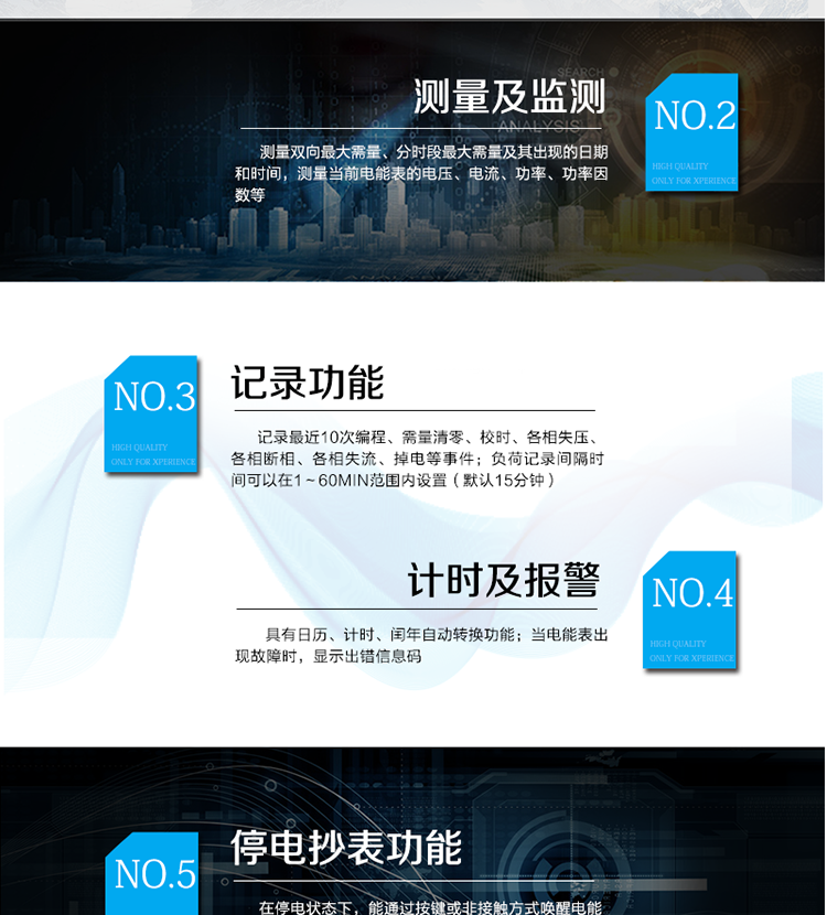 產品特點
采用專利技術開關電源供電，寬電壓工作范圍
采用獨有的抗浪涌措施，防雷性能強
功耗低，整機功耗<=1W、2VA，溫升低，整機壽命長
抗過壓能力強，避免接錯線或弄錯電壓等級而損壞電表，且能支持高過載倍數
板間無接插件，連接可靠；主機經過三防處理，能適應復雜氣候，提高了整機壽命和平均無故障工作時間
采用雙物理器件存儲參數、計費電能數據；每個物理器件內數據保存三份，確保在強干擾環境中參數和計費數據完整、可靠
接口功能豐富：可提供雙路RS485接口，雙路負荷報警接口，四路電能脈沖輸出，一路時鐘脈沖輸出，停電抄表輸入
豐富的軟件模塊，功能擴展方便，可擴展電壓及功率因數合格率等電能質量數據、可存儲半年以上的大容量負荷曲線數據等
采用模塊化設計，GPRS/CDMA模塊與計量模塊獨立，安裝方便，可后期擴充
采用業內先進的GPRS/CDMA模塊，可快速安全的實現數據連接，永久在線
可以當地/遠方修改參數，并且支持當地/遠方軟件在線升級
支持GPRS、CSD、SMS、CDMA等通訊方式，并支持VPN虛擬專網及公網等多種組網模式
采用超級電容和鋰電池兩種停電后備方式，保證停電報警功能可靠
綜合防竊電功能：
    硬件方面：采用防竊電外殼，并有相應的施封點，用電戶在不破壞鉛封的前提下，無法改動電壓電流線，也無法對編程按鍵操作來改動電表參數
    軟件方面：三級密碼防護
在線實時監測，并通過用電異常信息的記錄及主動上傳（通過GPRS/CDMA網絡上傳失壓、斷相、掉電/上電、過壓等異常事件）進行防竊電報警
電表自檢信息記錄及上報（硬件故障、時鐘故障、電池電壓低等）
