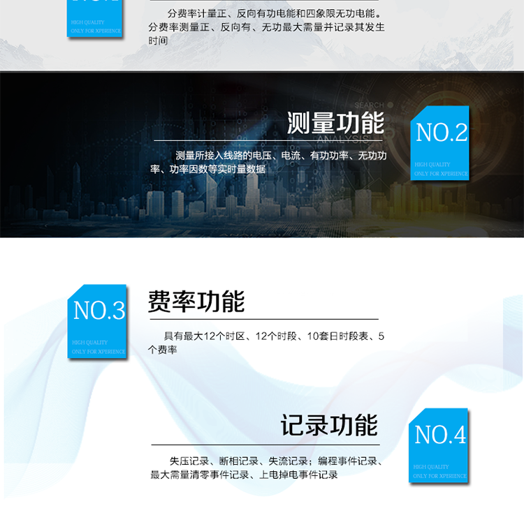 主要功能
電能計量功能
具有正、反向有功, 無功四象限電能計量功能；
具有分時計量功能；具有計量分相有功電能量功能。
需量測量功能
有功需量測量、無功需量測量、結算日需量
實時量測量功能
測量、記錄、顯示當前電能表的總及各分相電壓、電流、功率、功率因數、頻率、表內溫度等運行參數。
提供越限監測功能。
時鐘功能
采用具有溫度補償功能的內置硬件時鐘電路，具有日歷、計時和閏年自動切換功能。
費率、時段功能
事件記錄功能
凍結功能
定時凍結、瞬時凍結、約定凍結、日凍結、整點凍結
負荷記錄功能
電壓合格率統計功能
可記錄12個月的電壓統計數據。
報警功能
光報警、聲報警、LCD顯示報警
安全防護功能
密碼防護、編程開關防護
通訊功能
至少具有一個紅外通信接口、兩個RS485通信接口。
校時功能
可通過RS485、紅外等通信接口對電能表校時。
電表清零功能
停電抄表功能
在停電狀態下，能通過按鍵或非接觸方式喚醒電能表，實現屏幕顯示抄讀電量和紅外通信口抄讀到當前電量和最近一次結算電量等數據。
輔助電源*（可選項）
保電功能*（可選項）
遠程保電功能、自保電功能